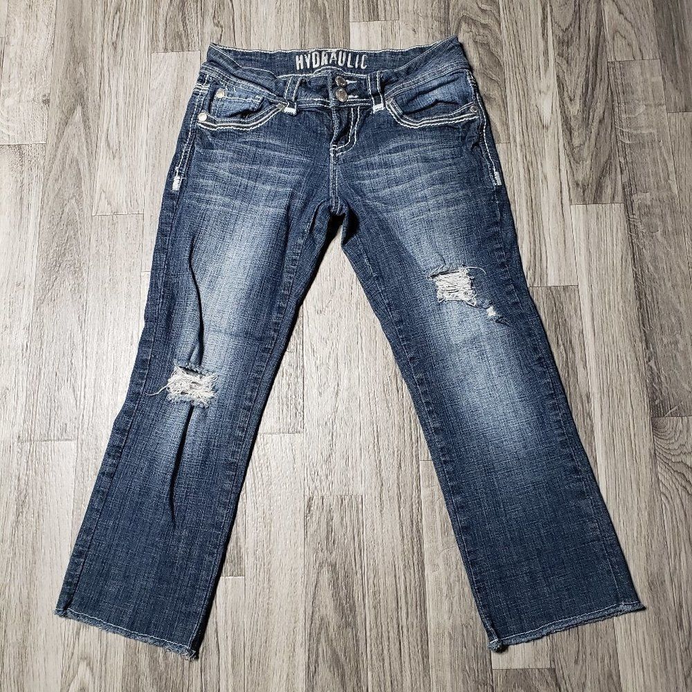 Hydraulic Distressed Embroidered Cropped Jeans